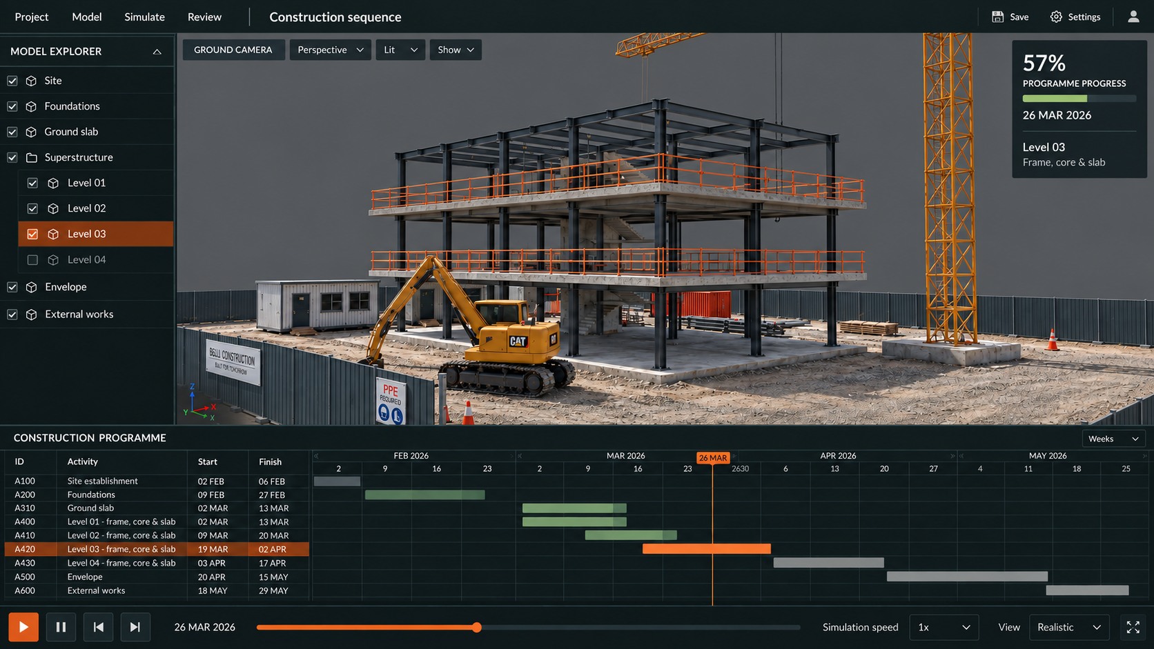 BuildFrame desktop workspace at 57% programme progress, showing the steel and concrete structure, model explorer and linked construction schedule.